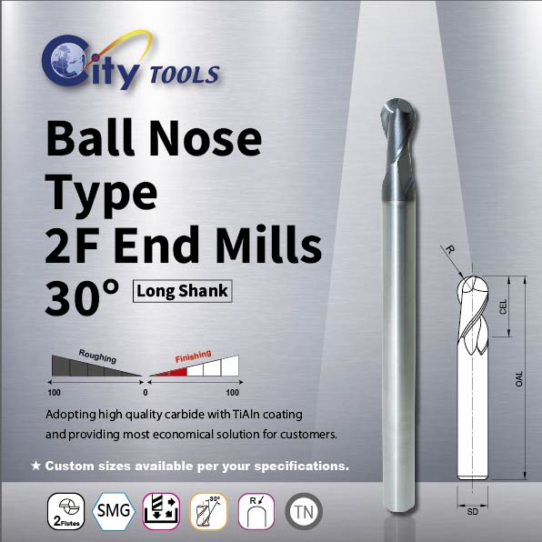 Ball Nose  Type 2F End Mills  30° Long shank