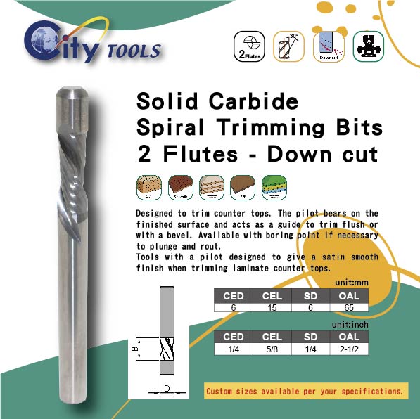 Solid Carbide Spiral Trimming Bits - 2 Flutes - Down cut