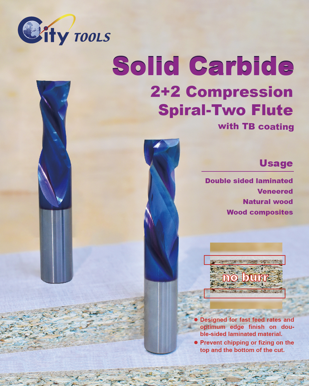 Solid Carbide Compression with 2 flute spiral and TB coating